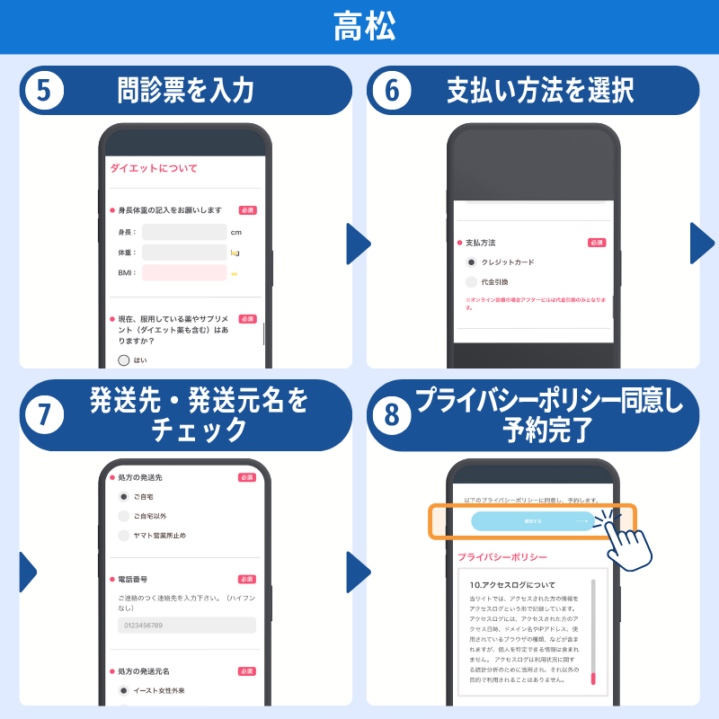 オンライン処方　問診から予約完了　高松